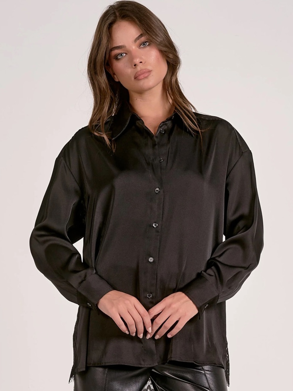 Elan Black Satin Button-Up Blouse